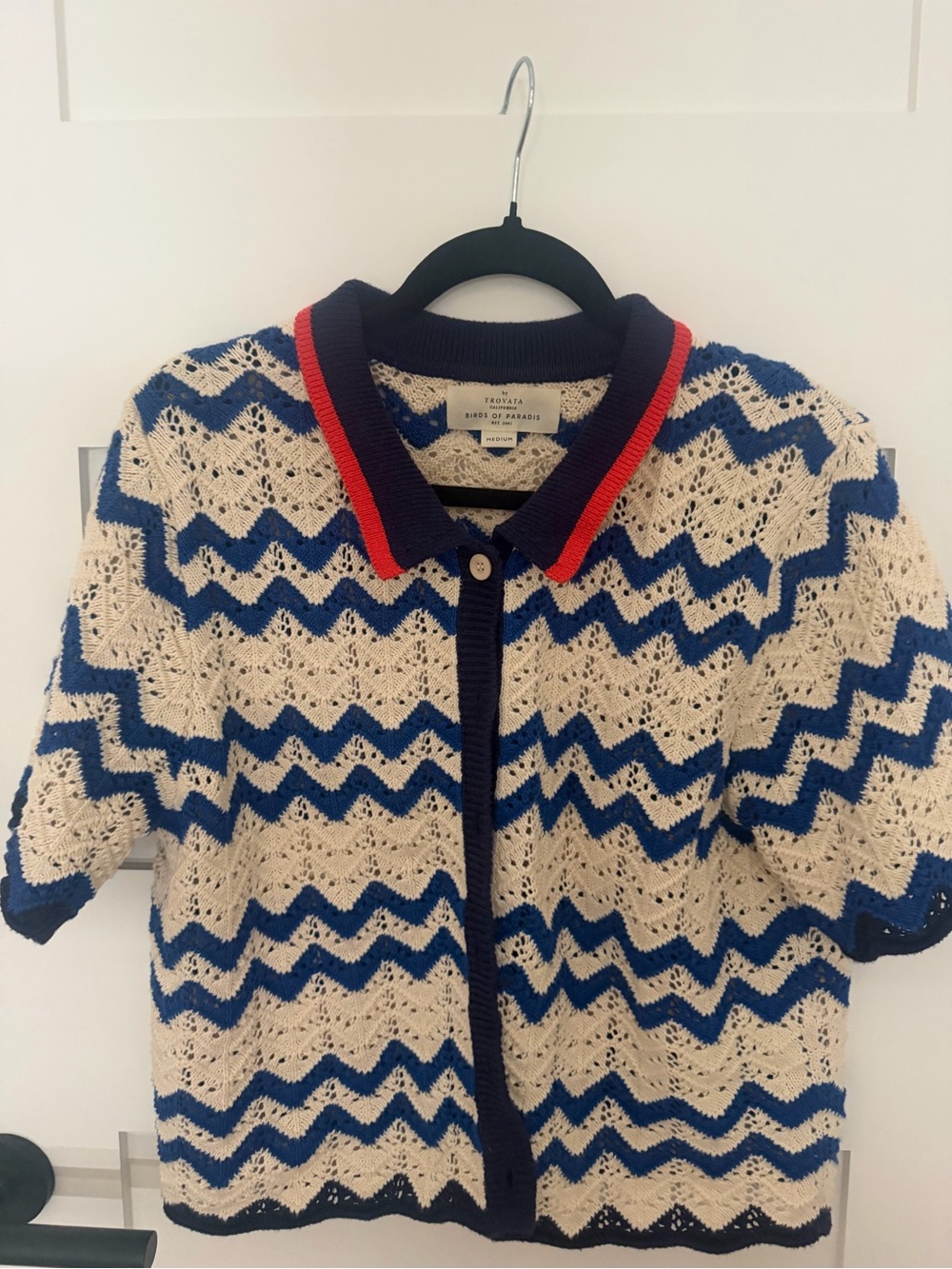 Trovata Short-Sleeve Openwork Cardigan in Blue, Cream & Red Trim